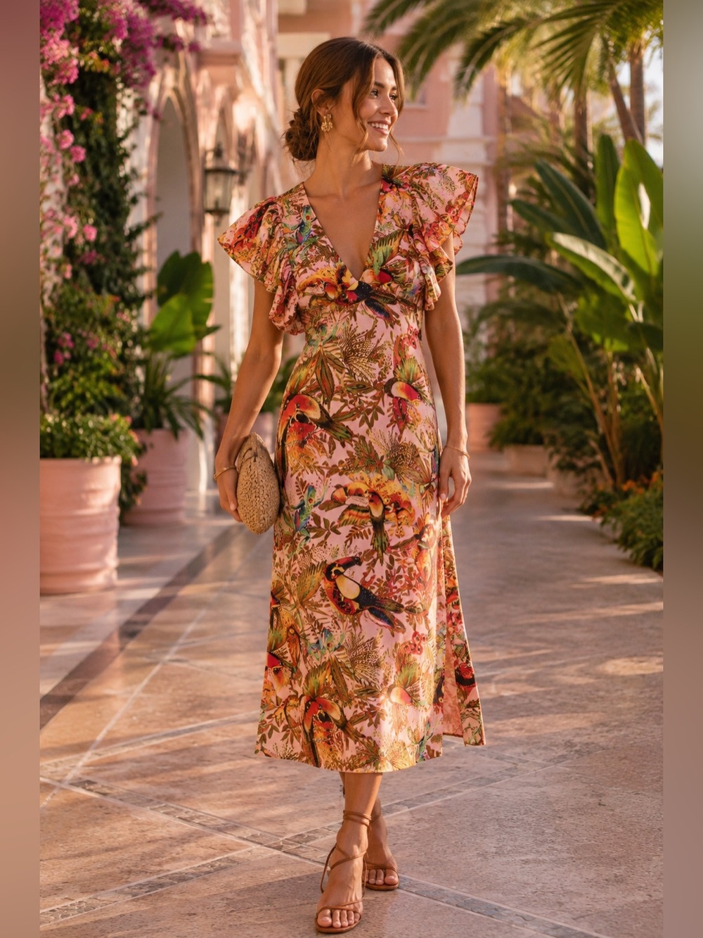 Farm Rio Into the Jungle Pink Linen Ruffled Midi Dress | NWT | Tropical Print